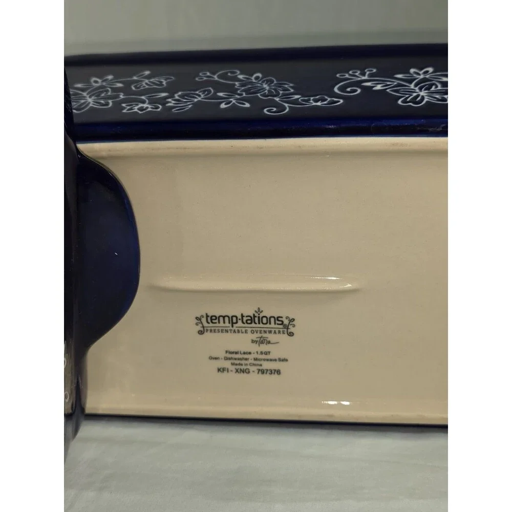 Temp-tations Floral Lace Cobalt Blue 1.5 QT Loaf Pan Set of 2 Retired Bakeware